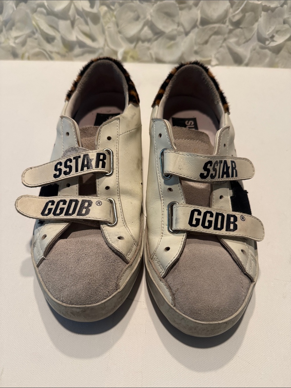 Golden Goose White Leather & Gray Suede Velcro Sneakers with Leopard Heel - Picture 1 of 6